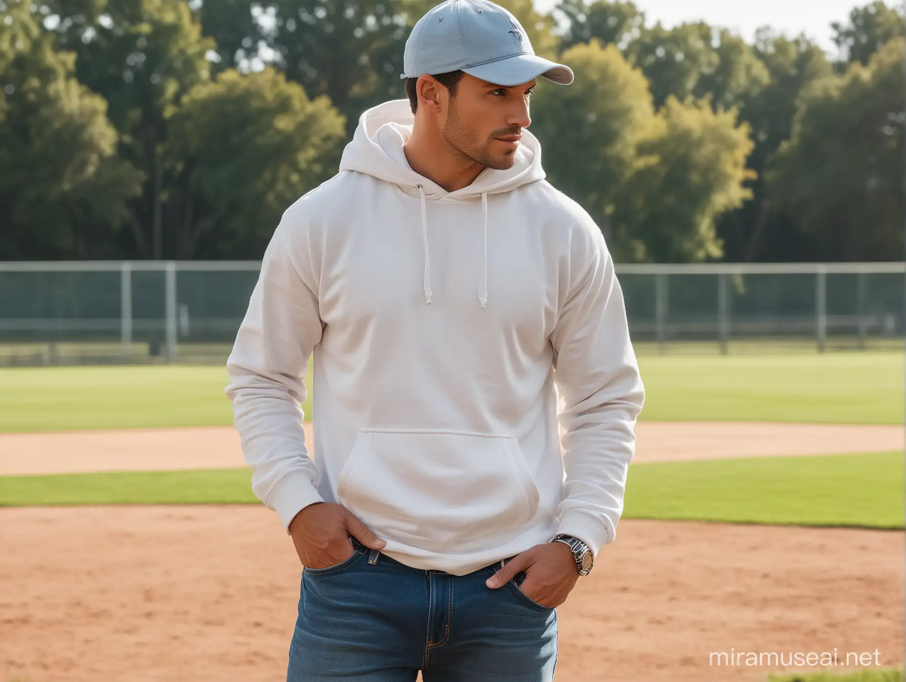 Create an image of a handsome man wearing a white hoodie and a baseball cap and blue jeans. He's outside on the baseball field.