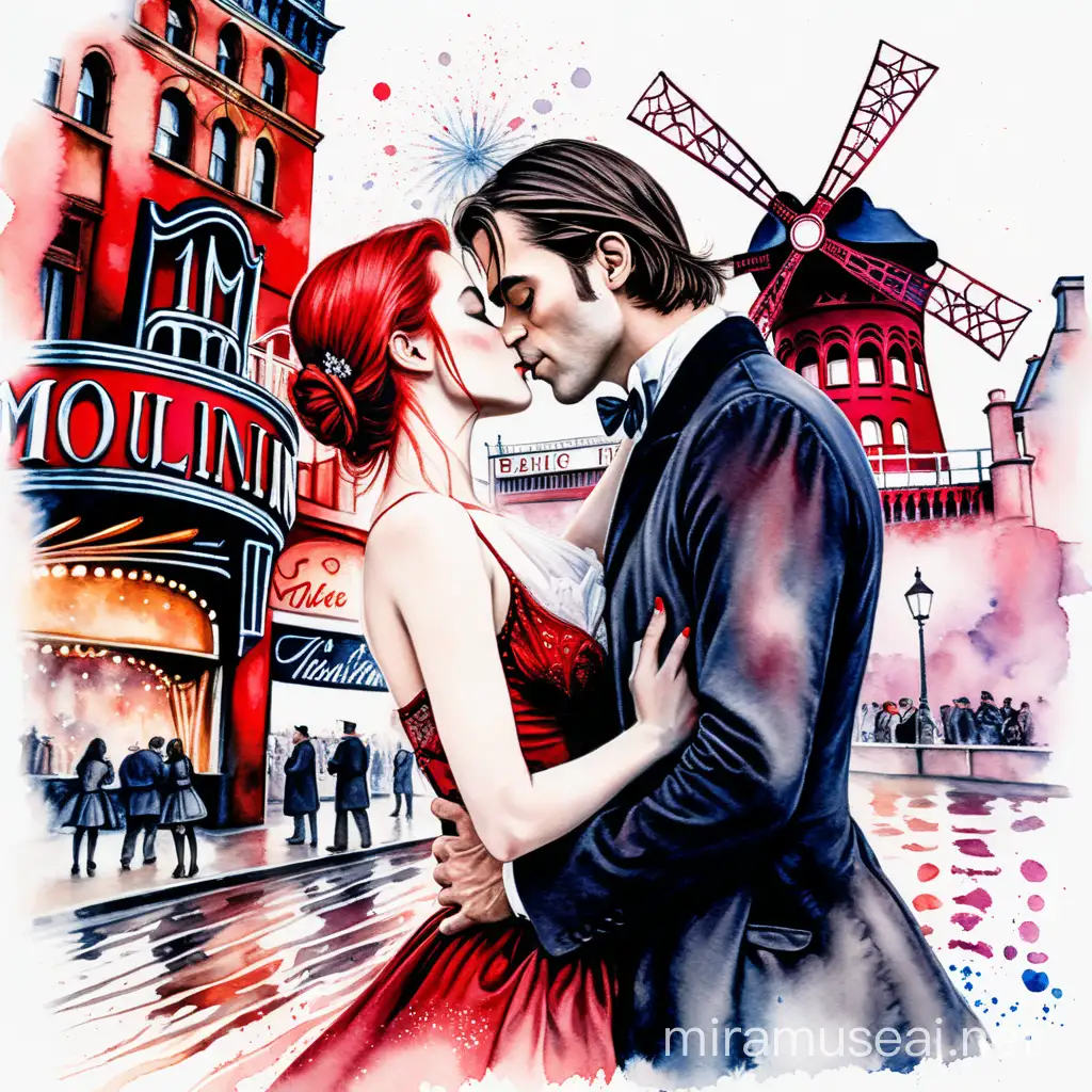 satine and christian kissing, with moulin rouge in the background, in water color style, white background, with splattered red paint