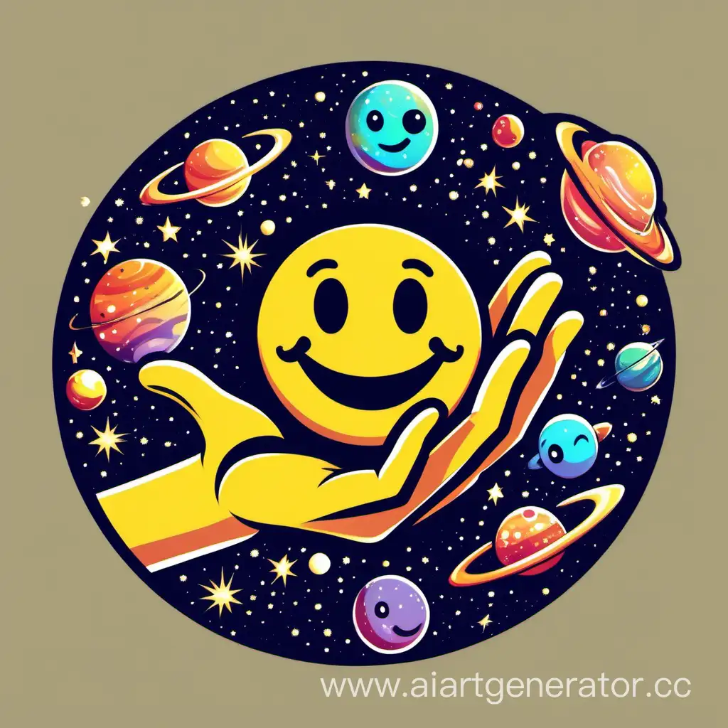 логотип команды  ЕП с рукой сбоку в которой лежит веселый смайлик
. и вокруг галактика и планеты