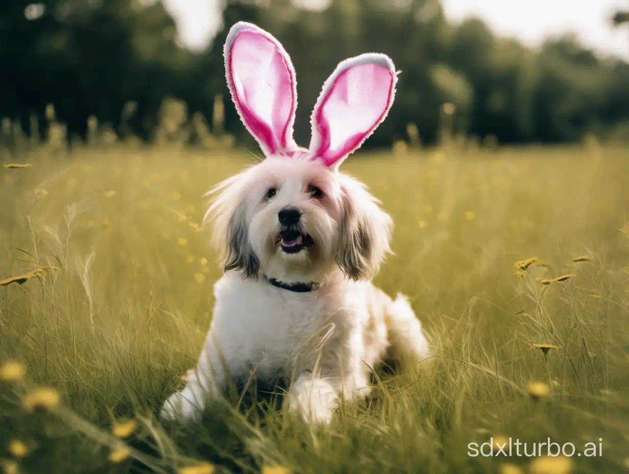 A dog with a hairband witz bunny ears sitting on a meadow