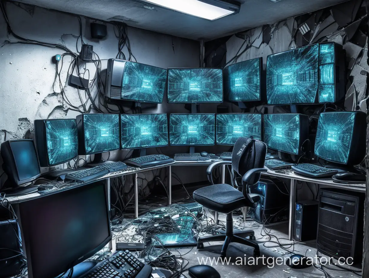 много сломанных мониторов в одной комнате 
кибер стиле