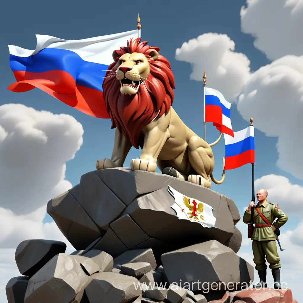 лев на скале  на льве сидит русский боец с флагом
