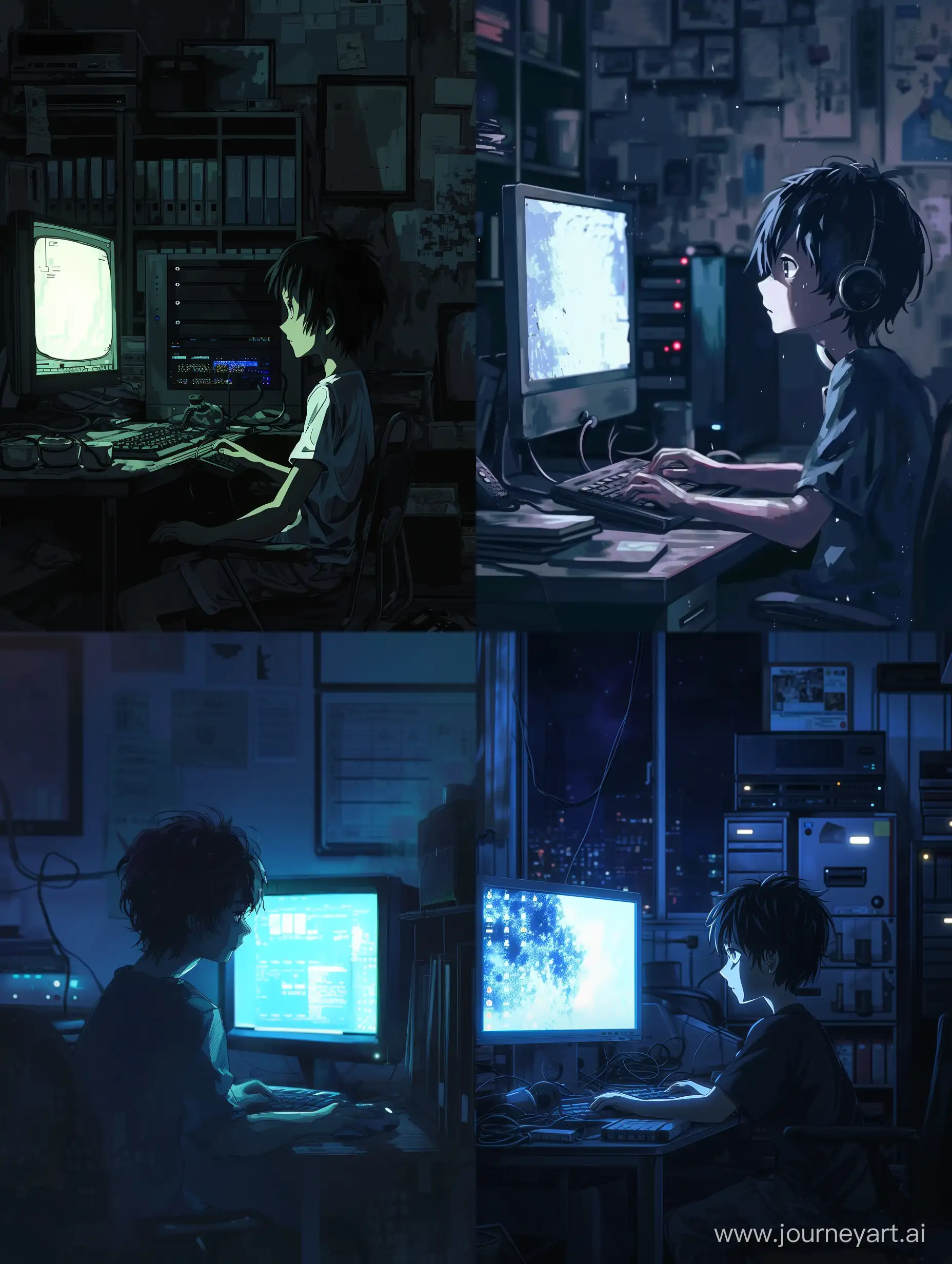 anime style, boy and computer, dark room.