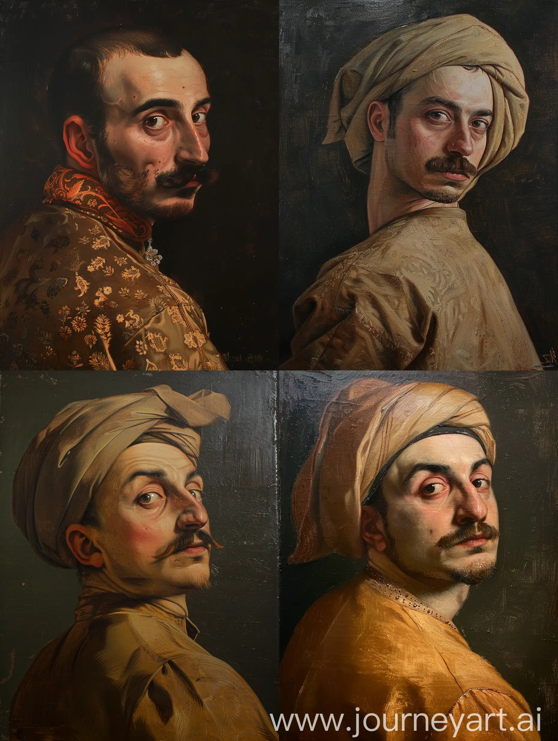 A Turkish man with a mustache, high cheekbones and asiatic eyes looking away from the camera. He wears an Ottoman Fez and is tan. Ottoman era Turks. Renaissance style, Leonardo Davinci style. Medieval Italian oil painting.
