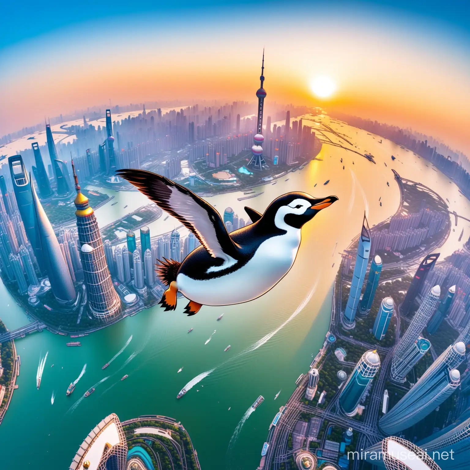 会飞的企鹅，翱翔在天空，底下是上海
