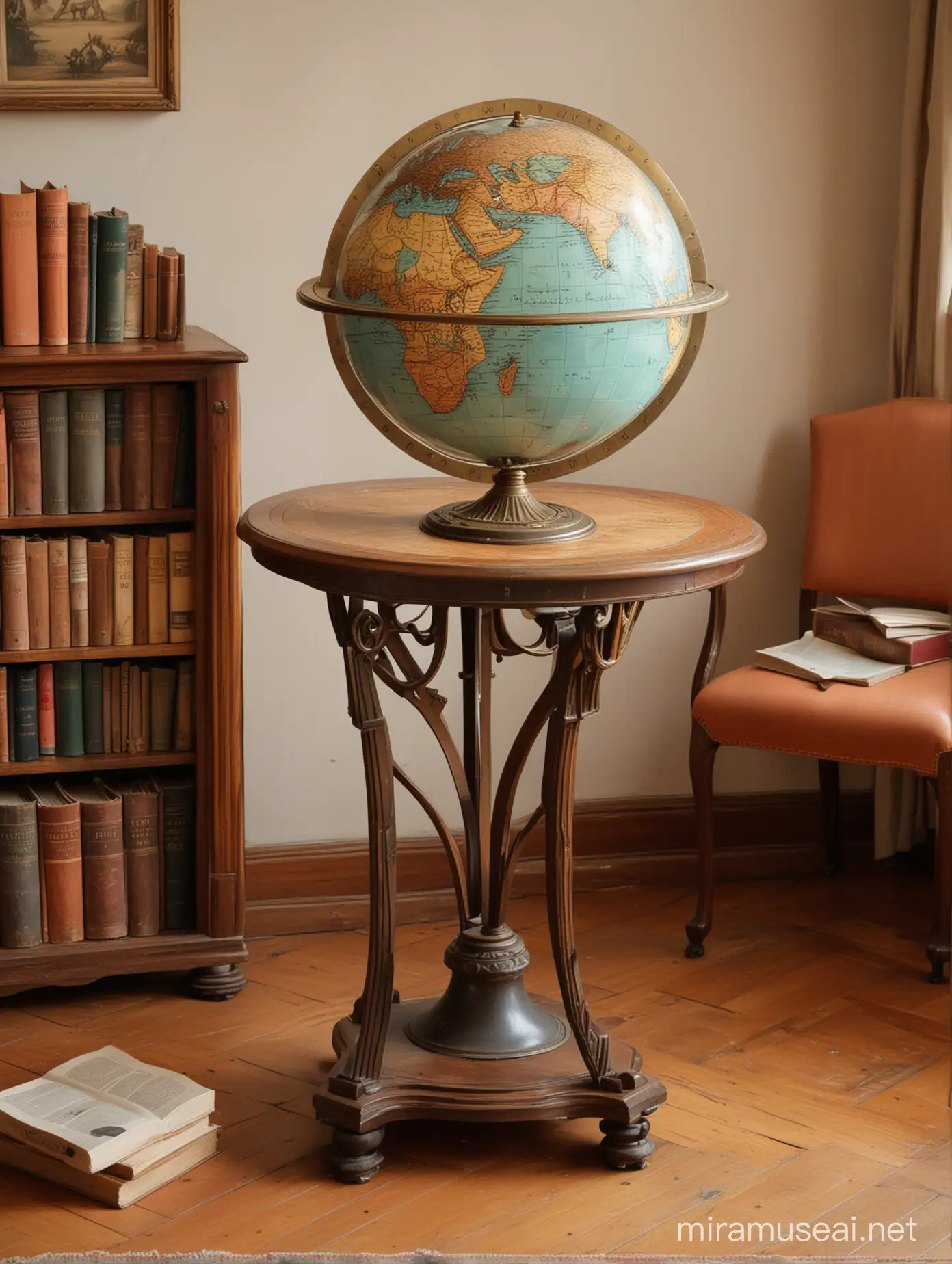 Art nouveau luz senital .
un globo terraqueo antiguo sobre mesa con patas . Junto a el hay una mesa con reloj y libros . hay Libros en el piso