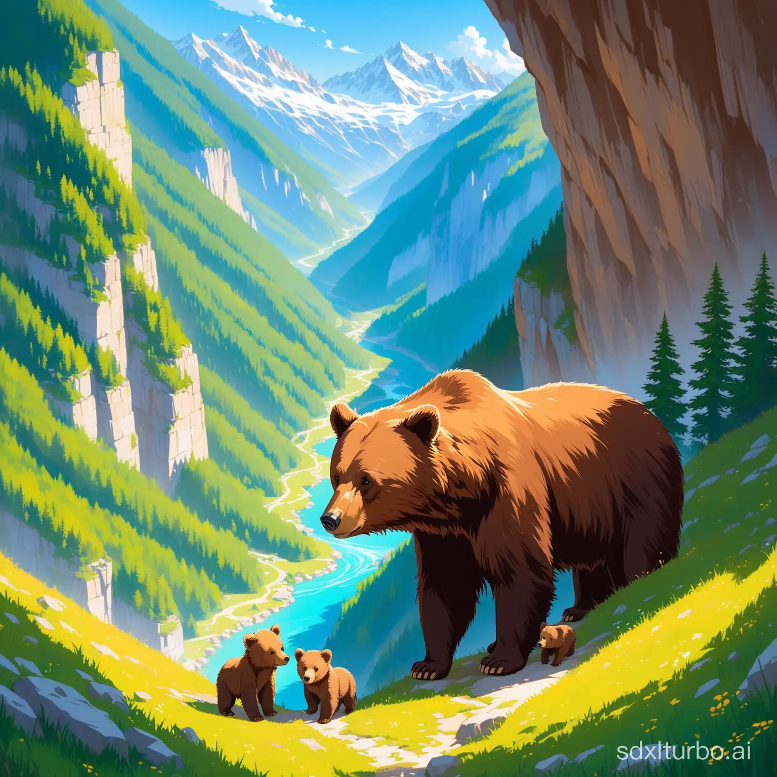 a beautiful high mountain gorge, with a cozy cave, a mama bear and a little cub