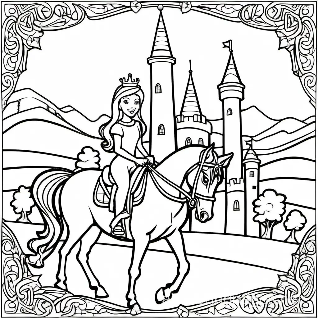 princess with a crown riding a horse in the country with a tower in the background, bold lines, realistic, Coloring Page, black and white, line art, white background, Simplicity, Ample White Space. The background of the coloring page is plain white to make it easy for young children to color within the lines. The outlines of all the subjects are easy to distinguish, making it simple for kids to color without too much difficulty