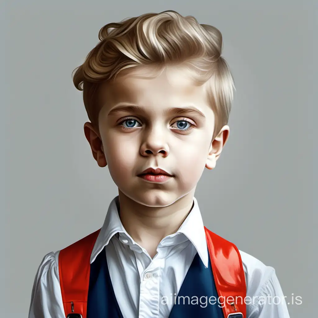 Portrait of a Russian boy in full height with a fashionable hairstyle, a graduate of kindergarten, realism on a white background