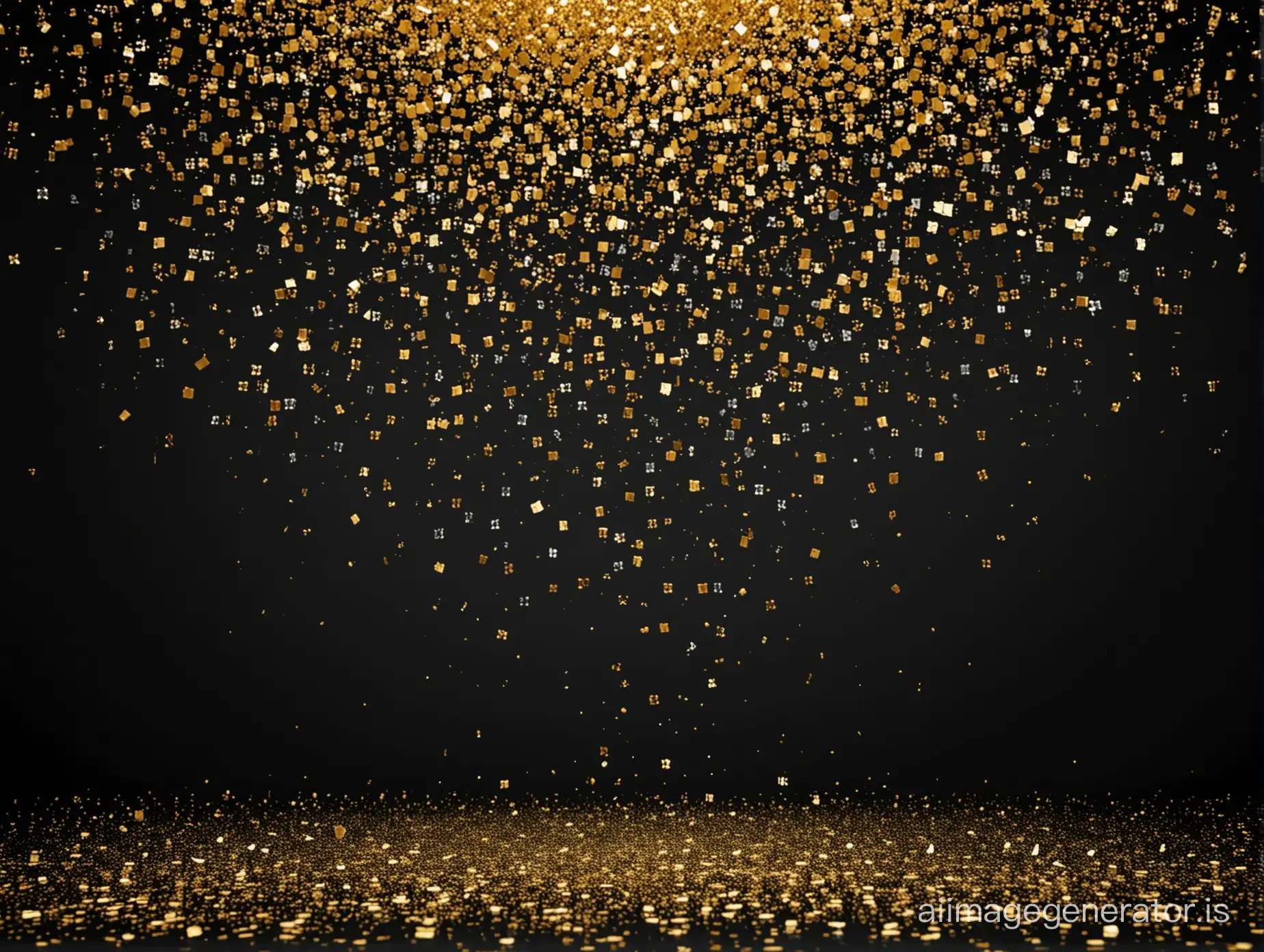 golden confetti, falling from the top, down to the bottom, excluding the middle, black background,  small particles, huge amount