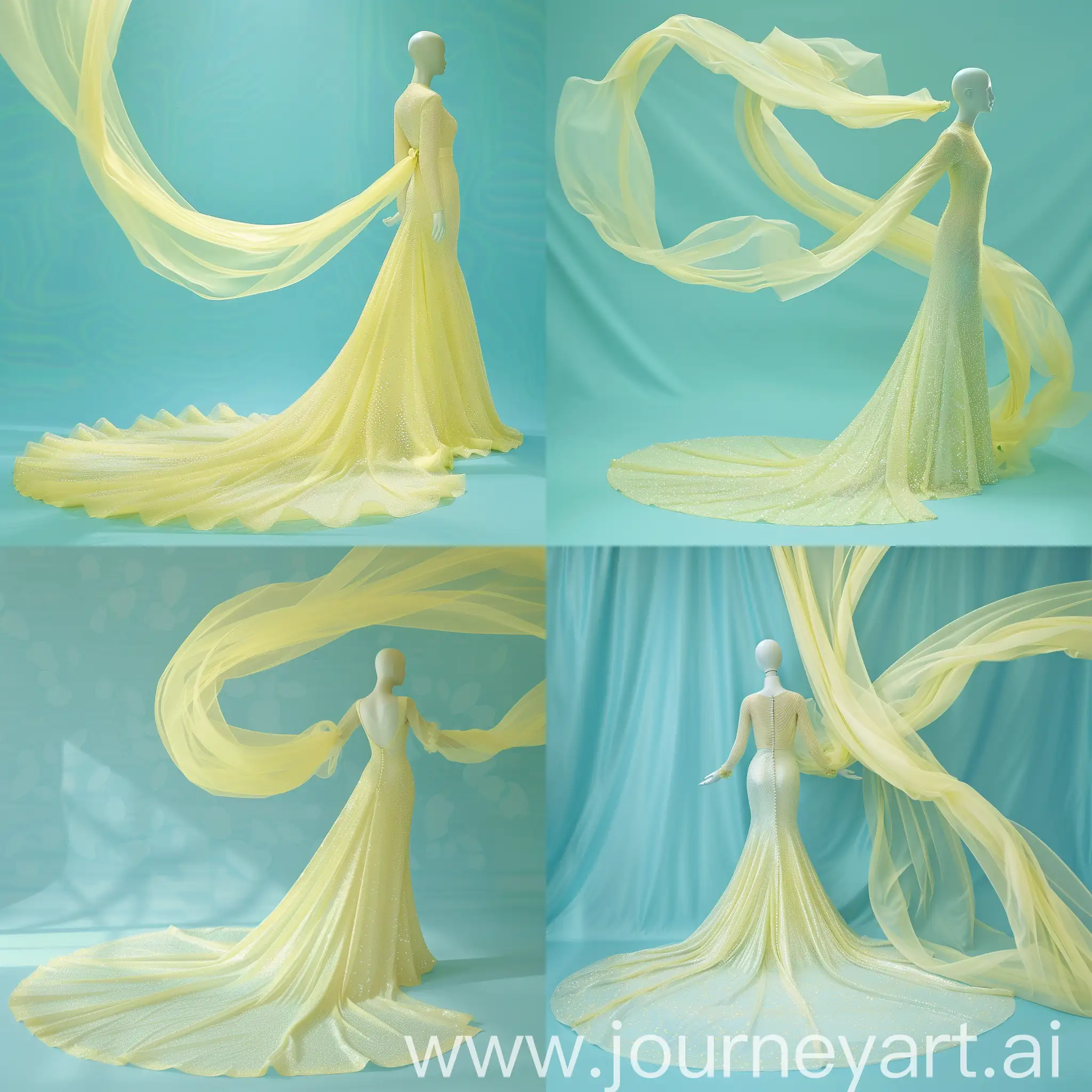 soiree dress shopfront retail . shows a plastic  mannequin wears a long tight light yellow pearled  dress with a long train . the background is solid aqua blue wallpaper and  light yellow organza fabric begins from the train of the dress and flying smoothly in circular way to the top