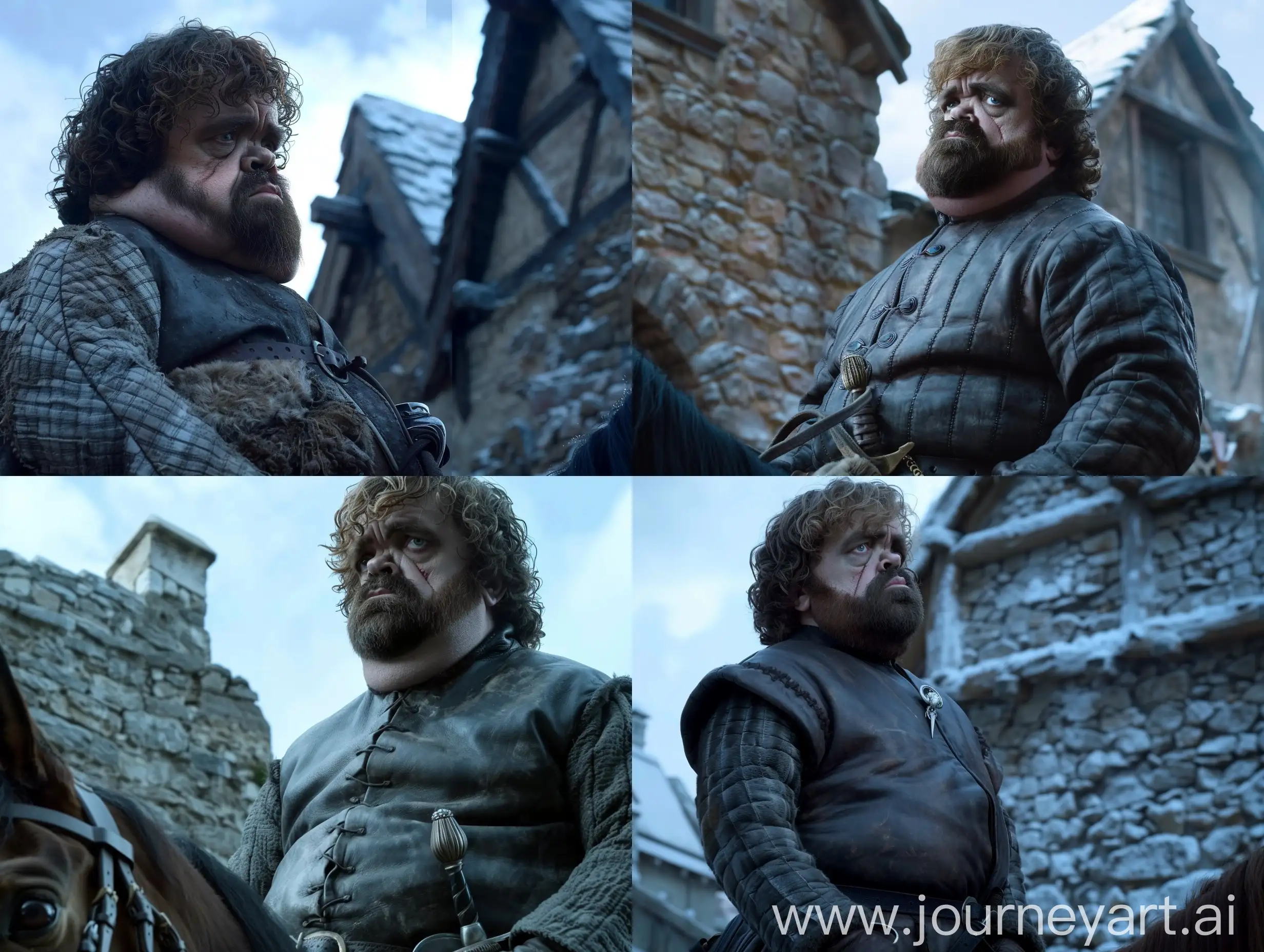 Tyrion Lannister in Game of Thrones series, Tyrion Lannister is very fat, Tyrion Lannister's face and body is very fat, Tyrion Lannister tries to ride his horse. The camera pans Tyrion Lannister from the side, emphasizing his enlarged frame, the background is Winterfell, the style of The Witcher, the lighting is classic, realistic, clear, q2