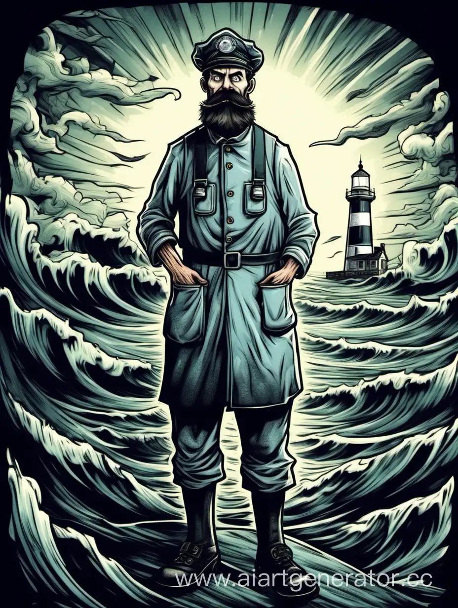 Mustachioed but beardless lighthouse keeper 27-25 years old in the form of a caretaker, looking directly at the camera, full-length 4k cartoon horror