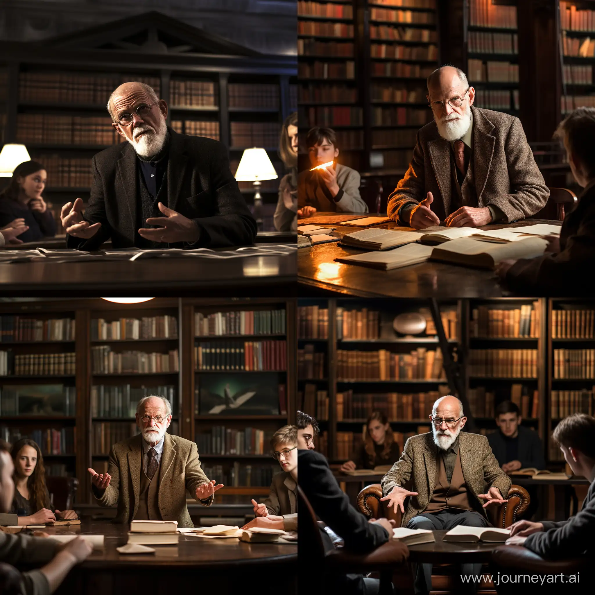 Sigmund-Freud-Lookalike-Professor-Engages-in-Deep-Discussion-Amidst-Vast-Library