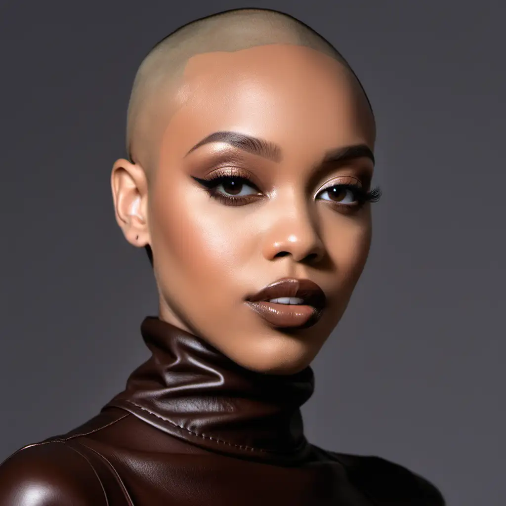 beautiful light skin size black woman wearing a black hair bald low  hairstyle. She has on a chocolate brown leather turtleneck top. Modeling a soft pretty makeup look wearing a nude colored lip gloss