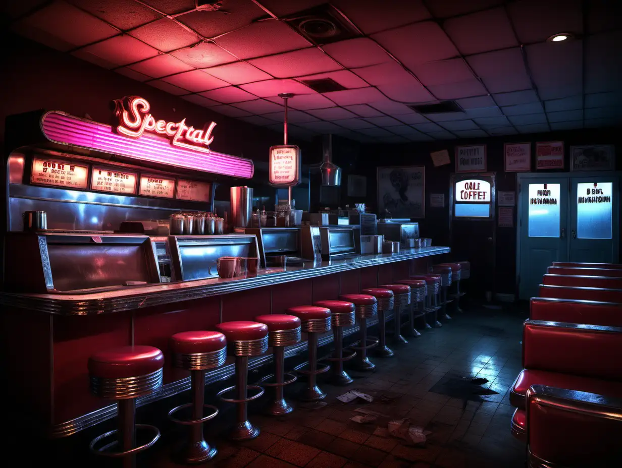 Eerie Night at a Haunted 50s Diner Spectral Patrons and Ghostly Atmosphere