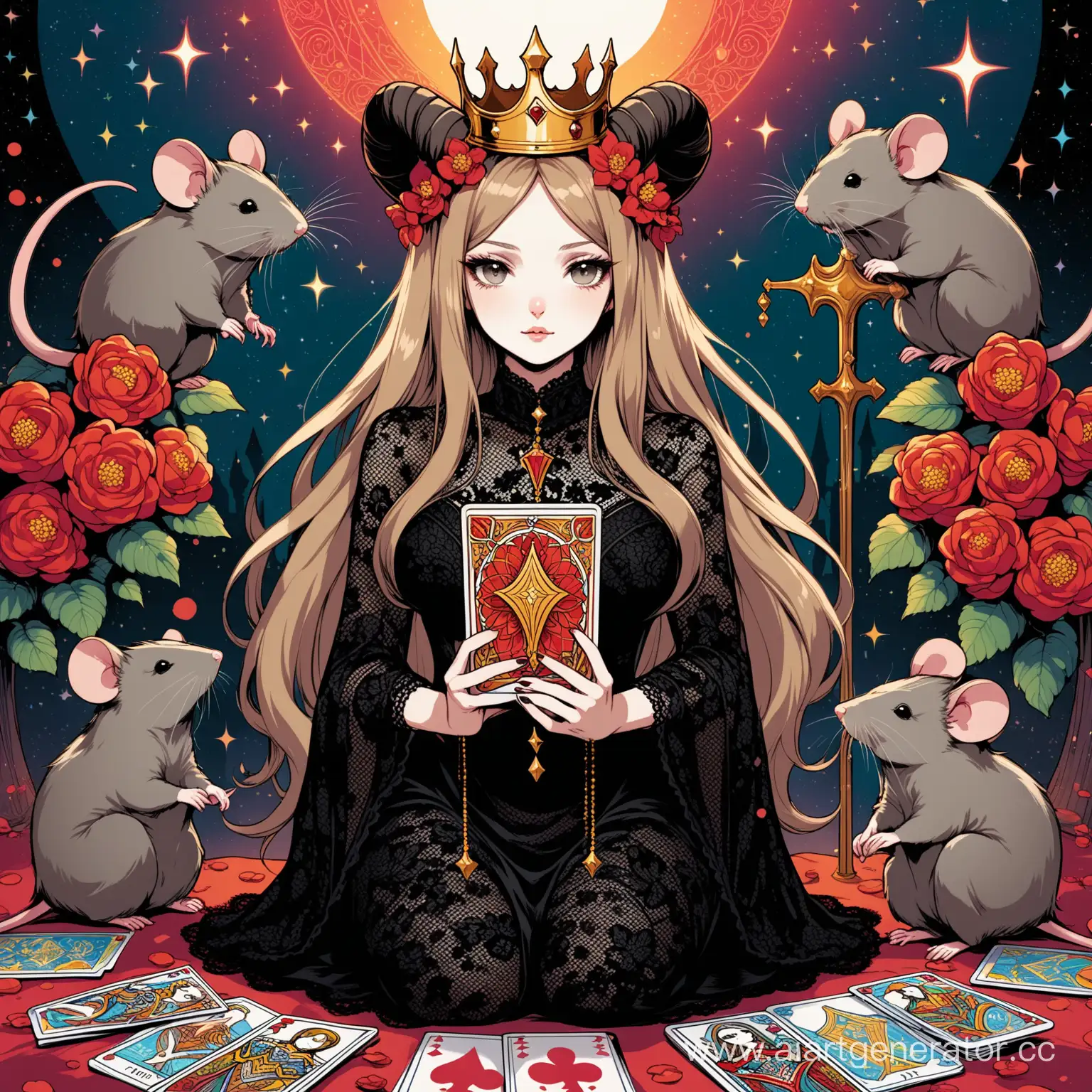 Psychedelic-Girl-with-Horned-Crown-Holding-Tarot-Card-Surrounded-by-Rats