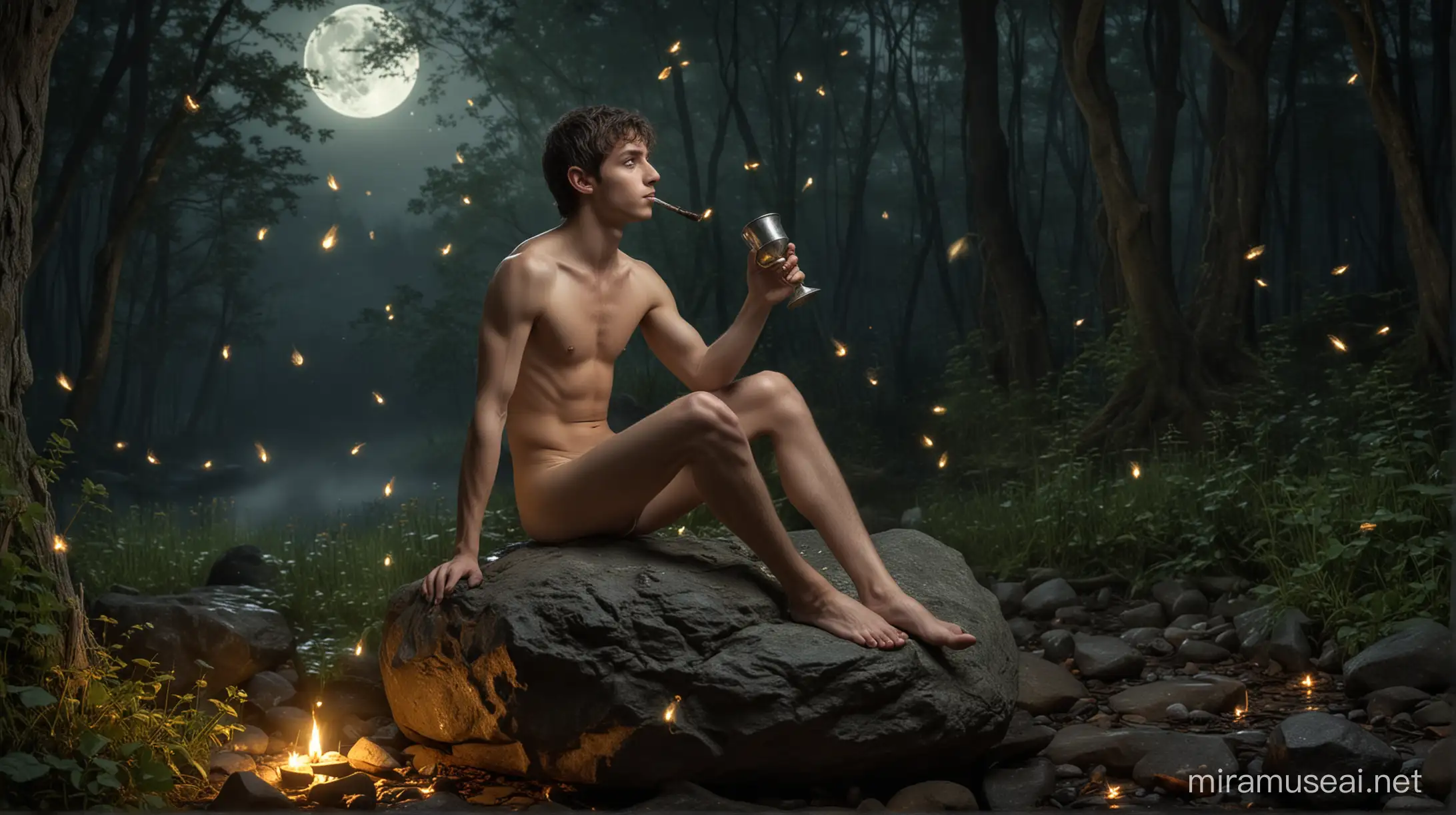 Duende masculino de 18 anos sentado em uma pedra, com uma taça na mão, completamente nu e descalço, sob a luz da lua, em uma floresta encantada, cercado de elfos tocando flautas. Vagalumes, cogumelos e fadas ao redor.