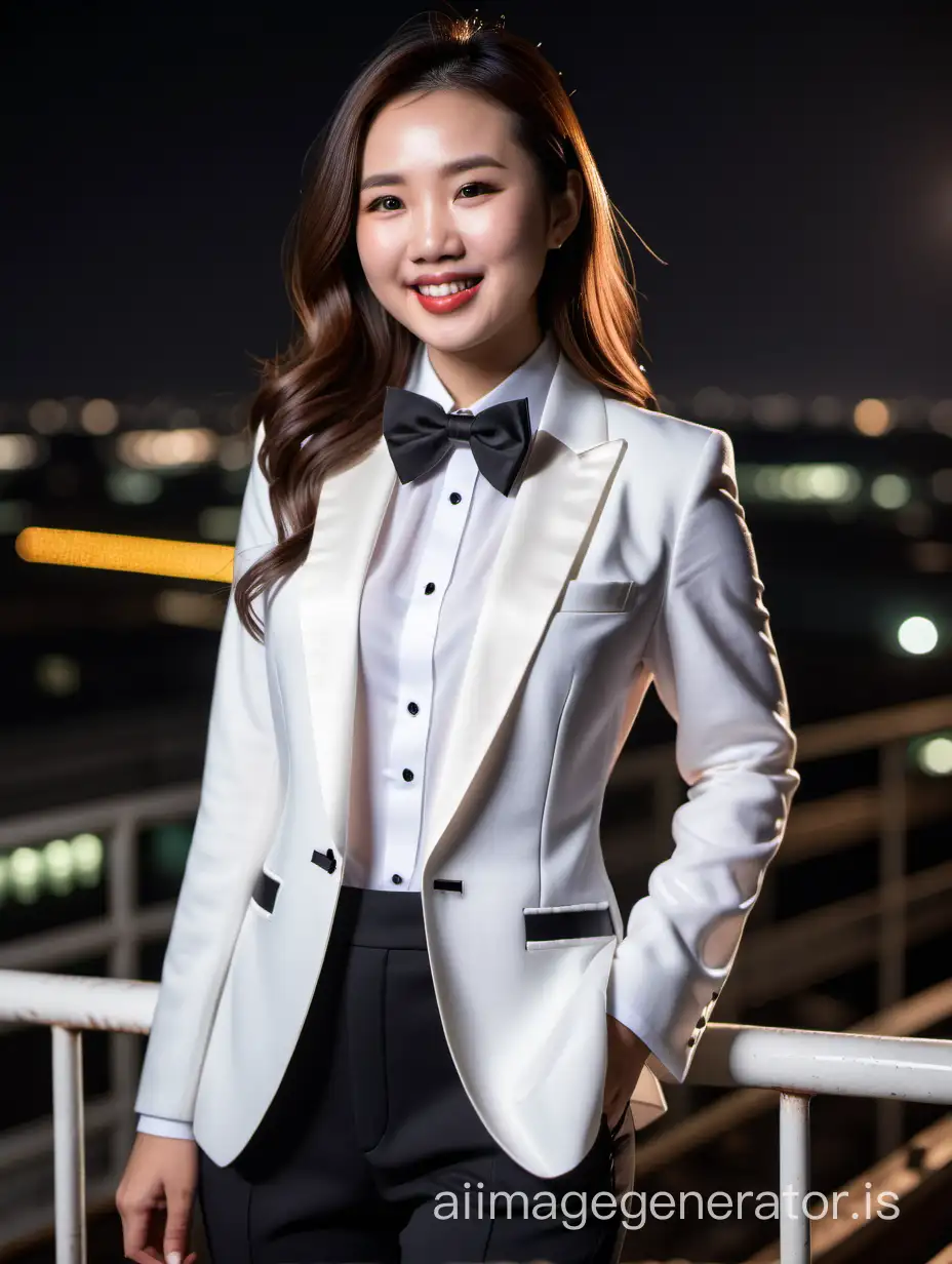 A stunning and cute and sophisticated and confident chinese woman with shoulder length hair and lipstick wearing a white tuxedo with a white shirt with cufflinks and a (black bow tie) and (black pants), standing on a scaffold facing forward, laughing and smiling.  She is relaxed. It is night.