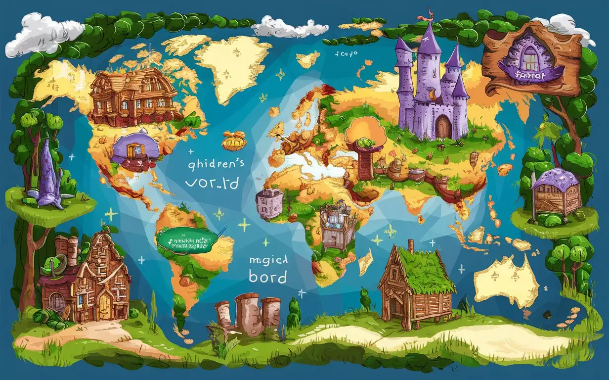 Magical-World-Map-for-Elementary-School-Tabletop-Game-Castle-Hut-and-Forest-Stops