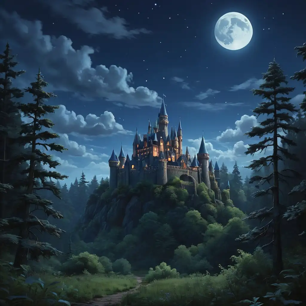 pixar style dark blue moonlit sky above a forest and castle