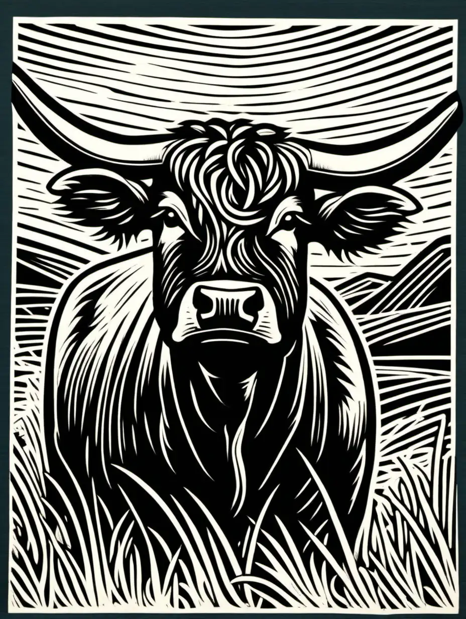 Highlander Scottish Cow Linocut Print Unique and Artistic Animal Art