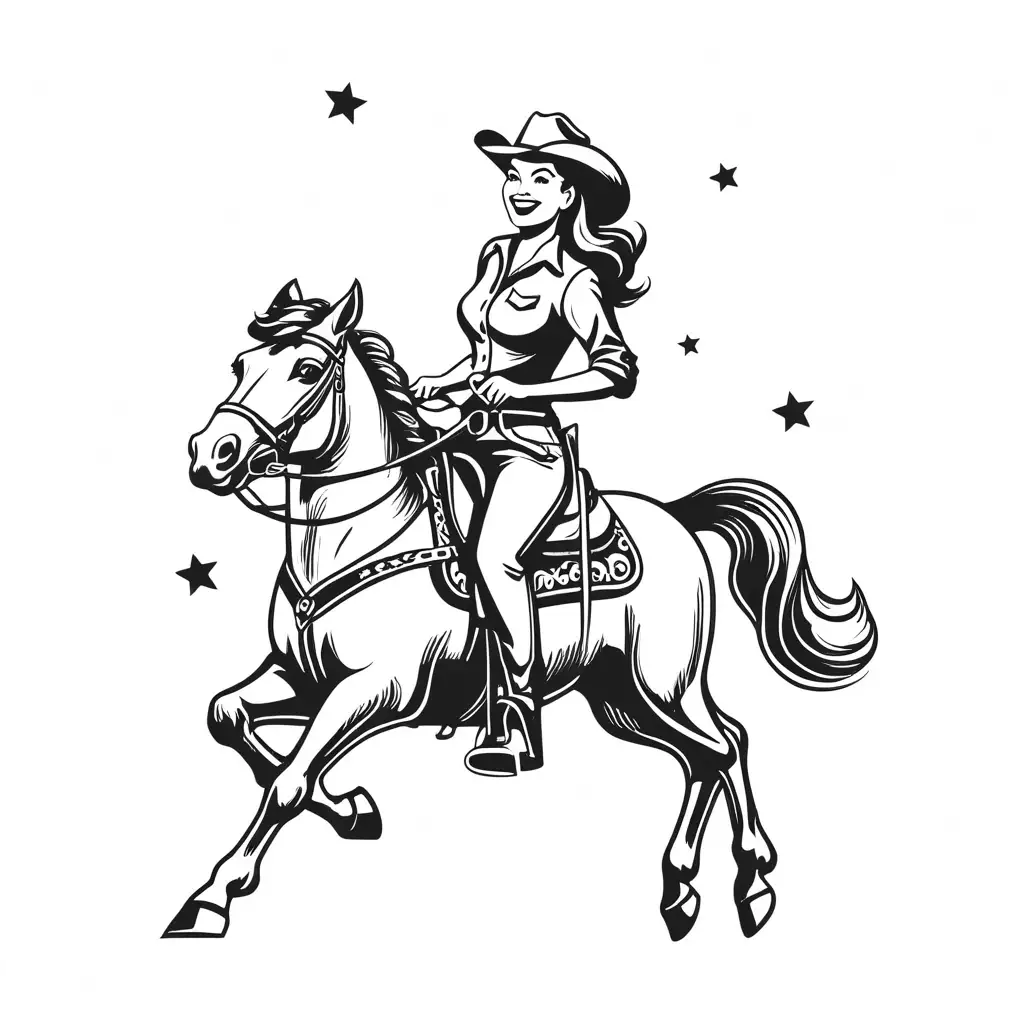 Vintage design, stencils, simple, minimalism, vector art,, Pinup style, Sketch drawing, flat, 2d, vintage style, Cowgirl riding a horse, very happy, smiling, very beautiful ,overview , black and white color