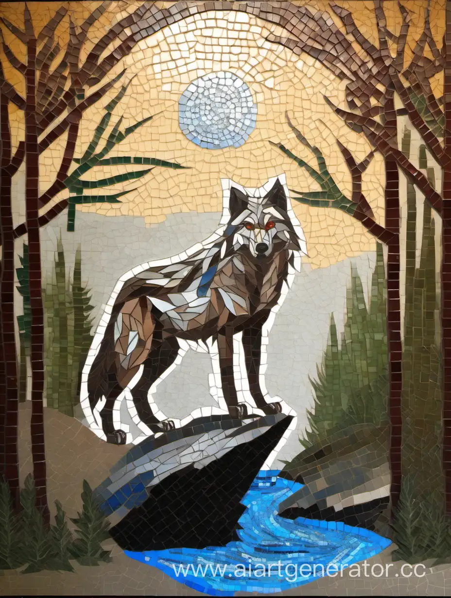 картина мозаика: волк стоящий на скале, лес, ручей, небо.
