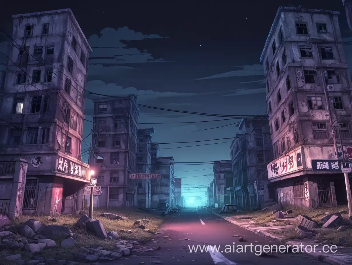 Ночной заброшенный зомби город с аниме стиль