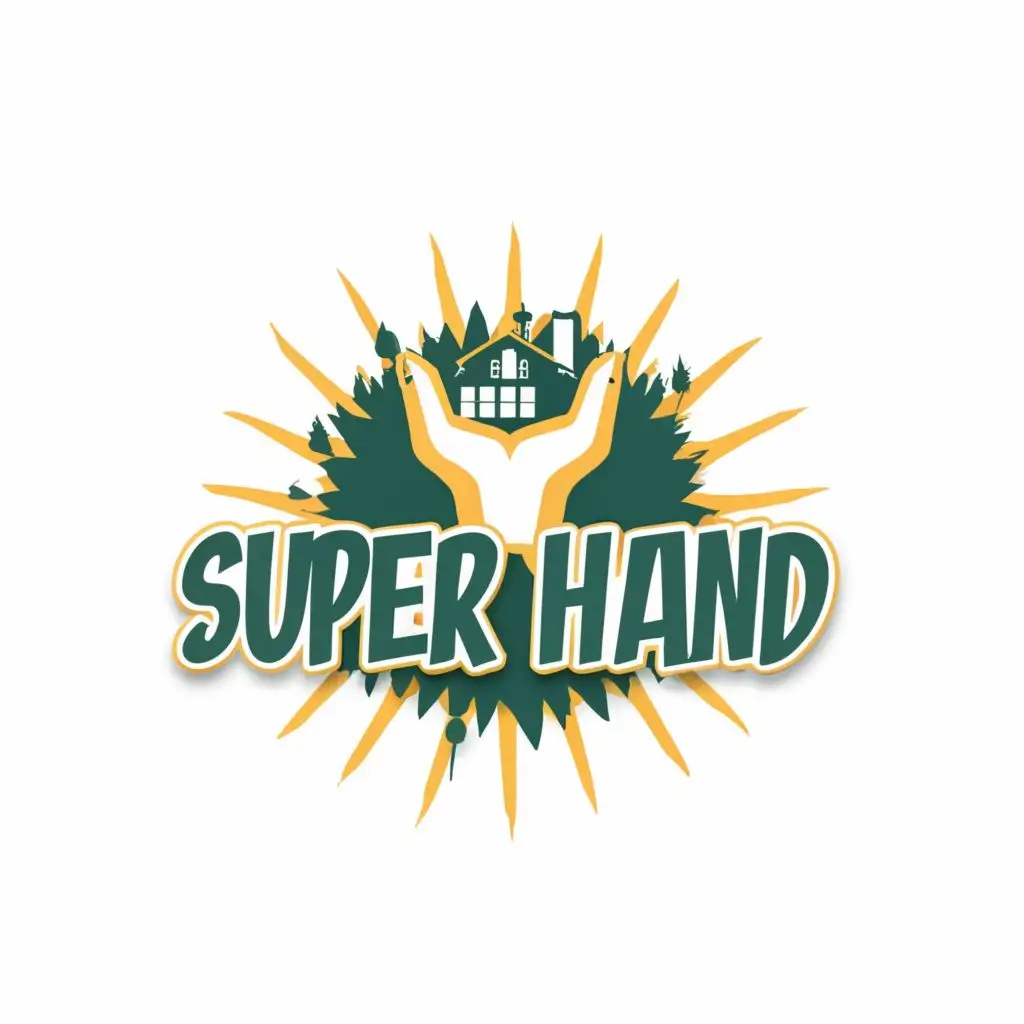logo, super hand with a house and chimney , with the text "super hand", typography, be used in Construction industry