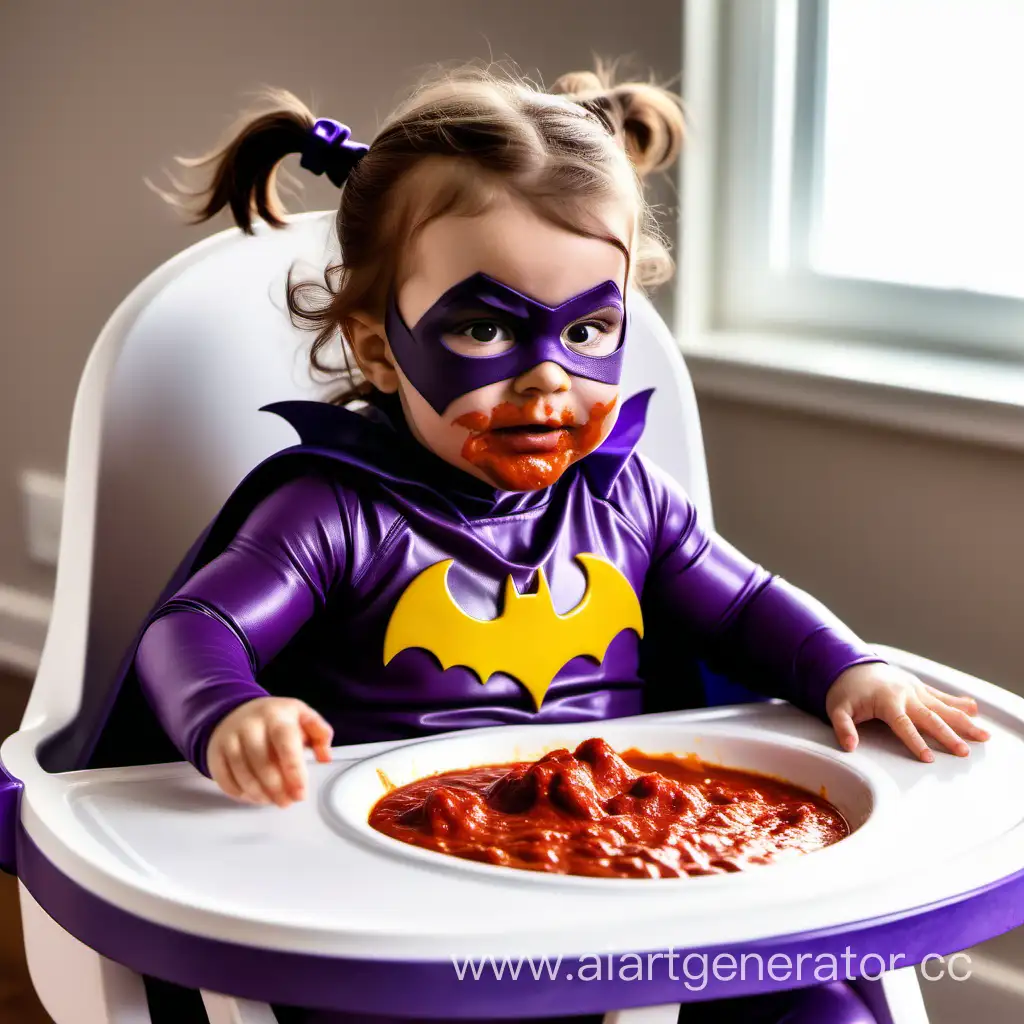 A Caucasian female toddler with brunette hair wearing a purple batgirl costume sitting in a high chair with marinara sauce on her face