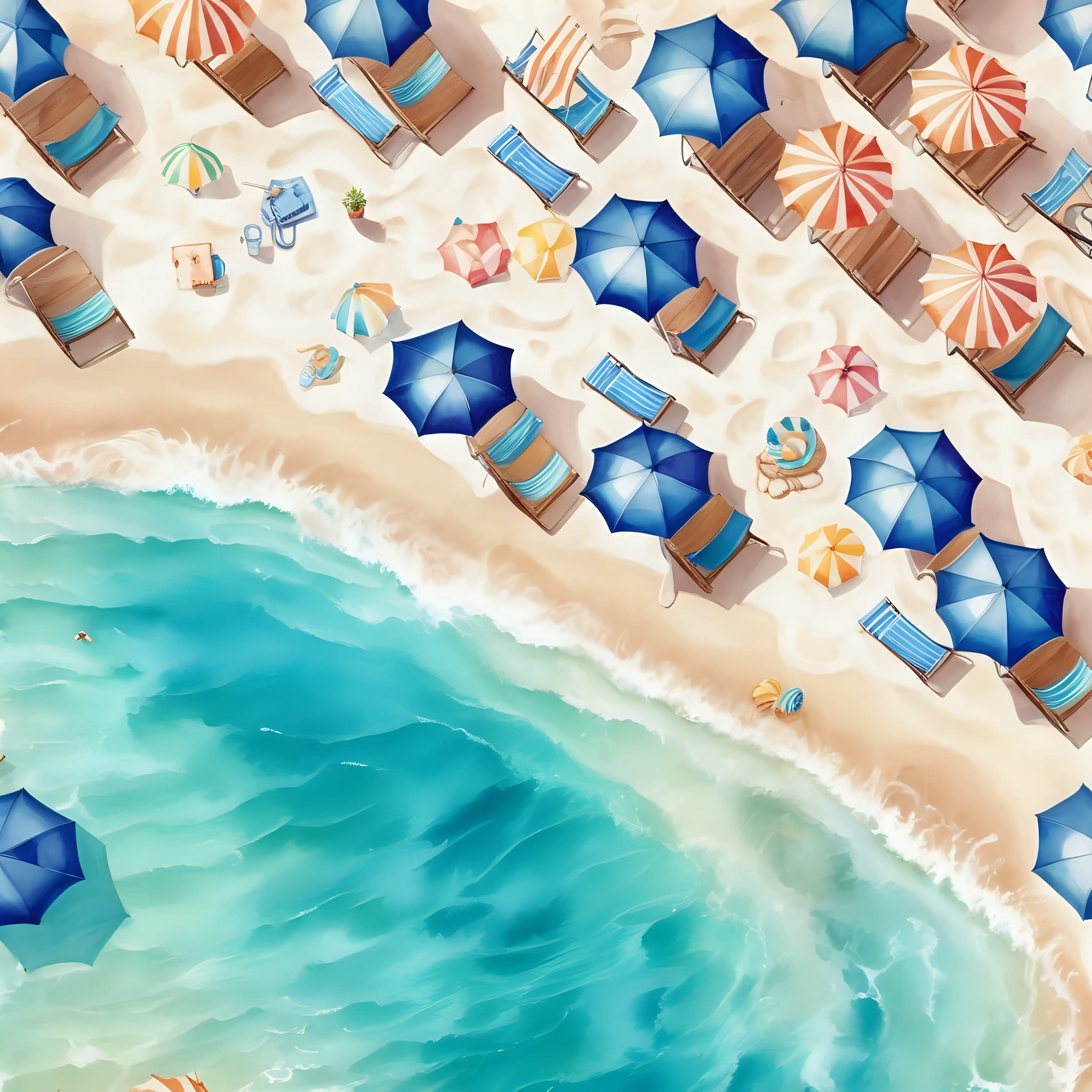 I want to create an illustrated pattern of the sea with beach with umbrellas and sunbeds, top view, I want an original illustration based on water colours or something similar