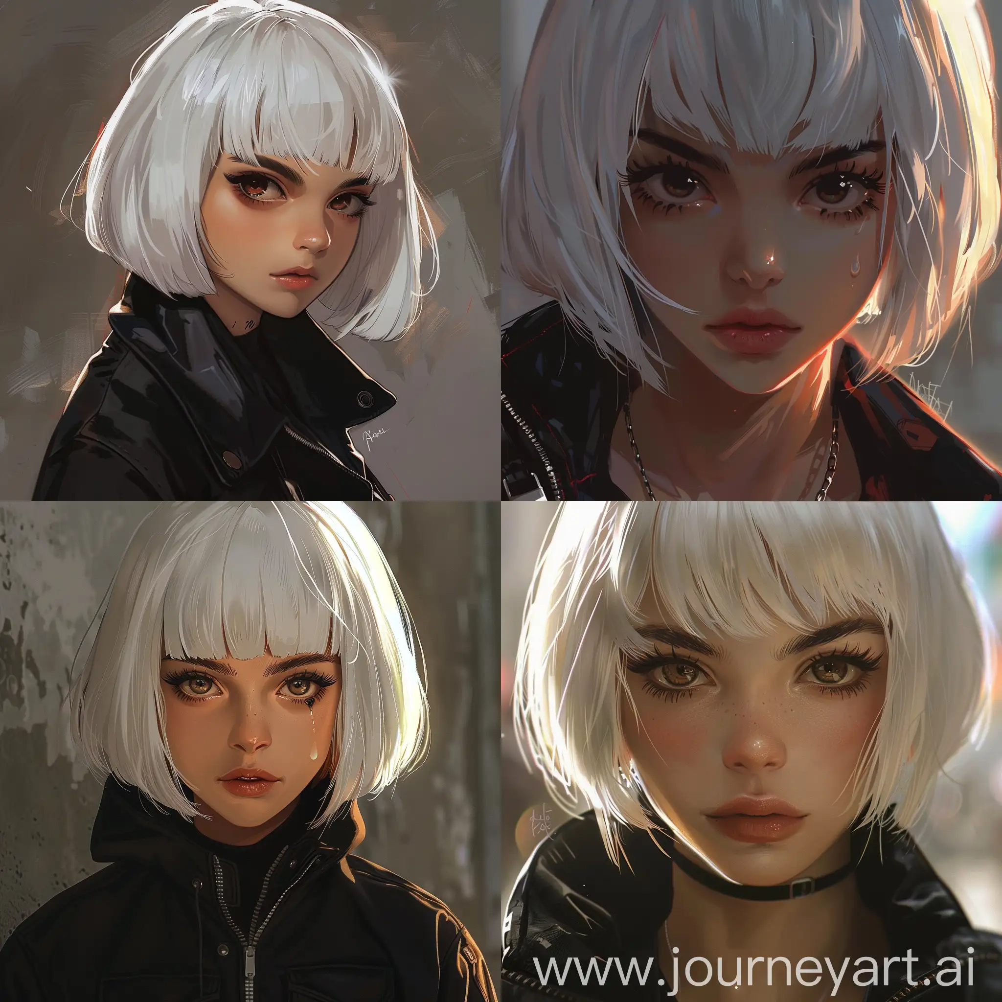 anime style, character concept, close up character design, short white hair, curtain bangs, badass, beautiful young woman, brown eyes, sharp eyes, serious, sharp, thick eyebrows, black jacket, detailed, street. retro