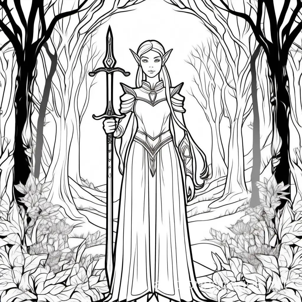 An elven princess in simple traveling clothes stands before a forest.  In one hand she holds a slender magical sword,  in the other hand she holds a plucked flower,  on her head is a simple delicate tiara , Coloring Page, black and white, line art, white background, Simplicity, Ample White Space. The background of the coloring page is plain white to make it easy for young children to color within the lines. The outlines of all the subjects are easy to distinguish, making it simple for kids to color without too much difficulty
