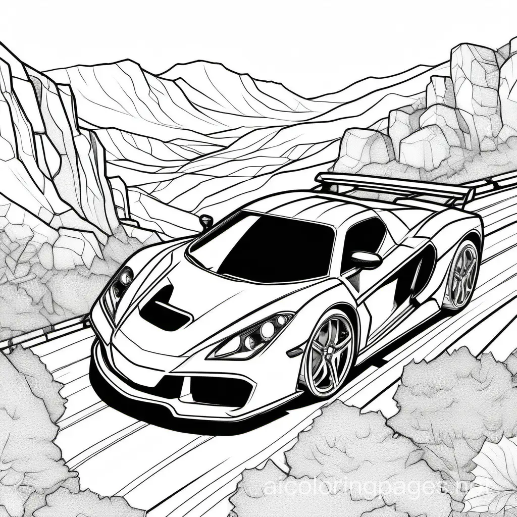 sportcar on rugged terrain, Coloring Page, black and white, line art, white background, Simplicity, Ample White Space. The background of the coloring page is plain white to make it easy for young children to color within the lines. The outlines of all the subjects are easy to distinguish, making it simple for kids to color without too much difficulty