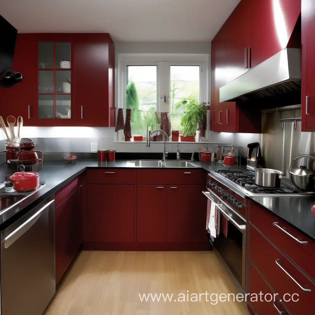 “His kitchen is made up of a dark red counter and countertops with a light wood colored wood flooring. There are many cabinets for you to view filled with all sorts of ingredients and a lot of cooking tools. The stove and oven are both made from stainless steel and are black in color. The sink is stainless steel as well and there is an island in the middle of it that is a beautiful dark red color. There are all sorts of pots and kitchen appliances as well.”