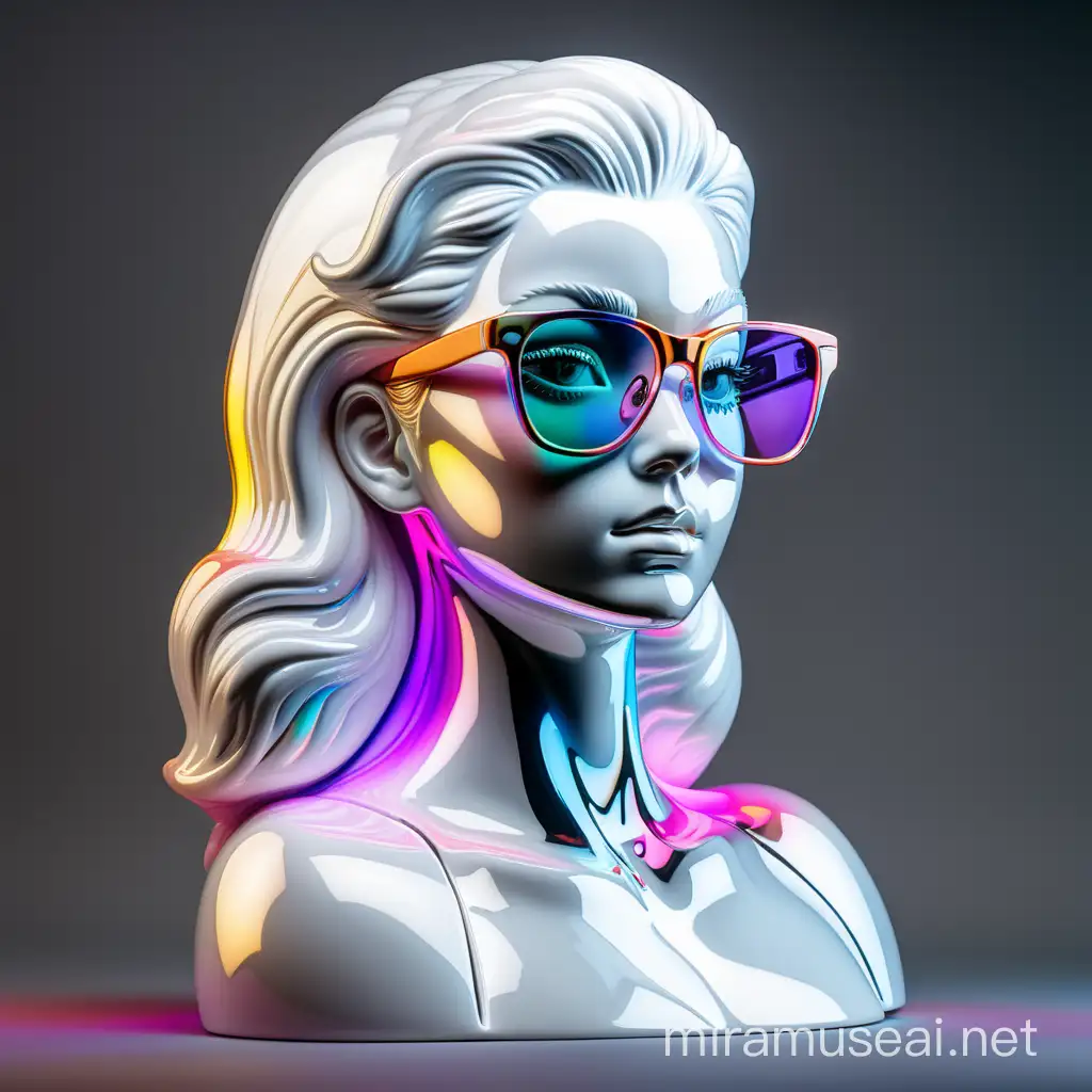 Produce a white shiny iridescent neon colored porcelain figure of a beautiful curvy feminine woman
Strong expression dynamic
Wearing colored pilot glasses 
portrait
Black background