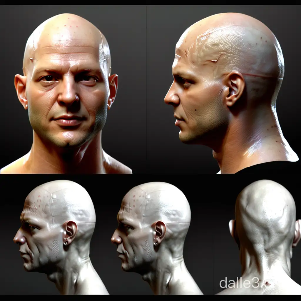 Realistic Bald Male Head Turnaround Sheet 3D Sculpt Reference | Dalle3 AI