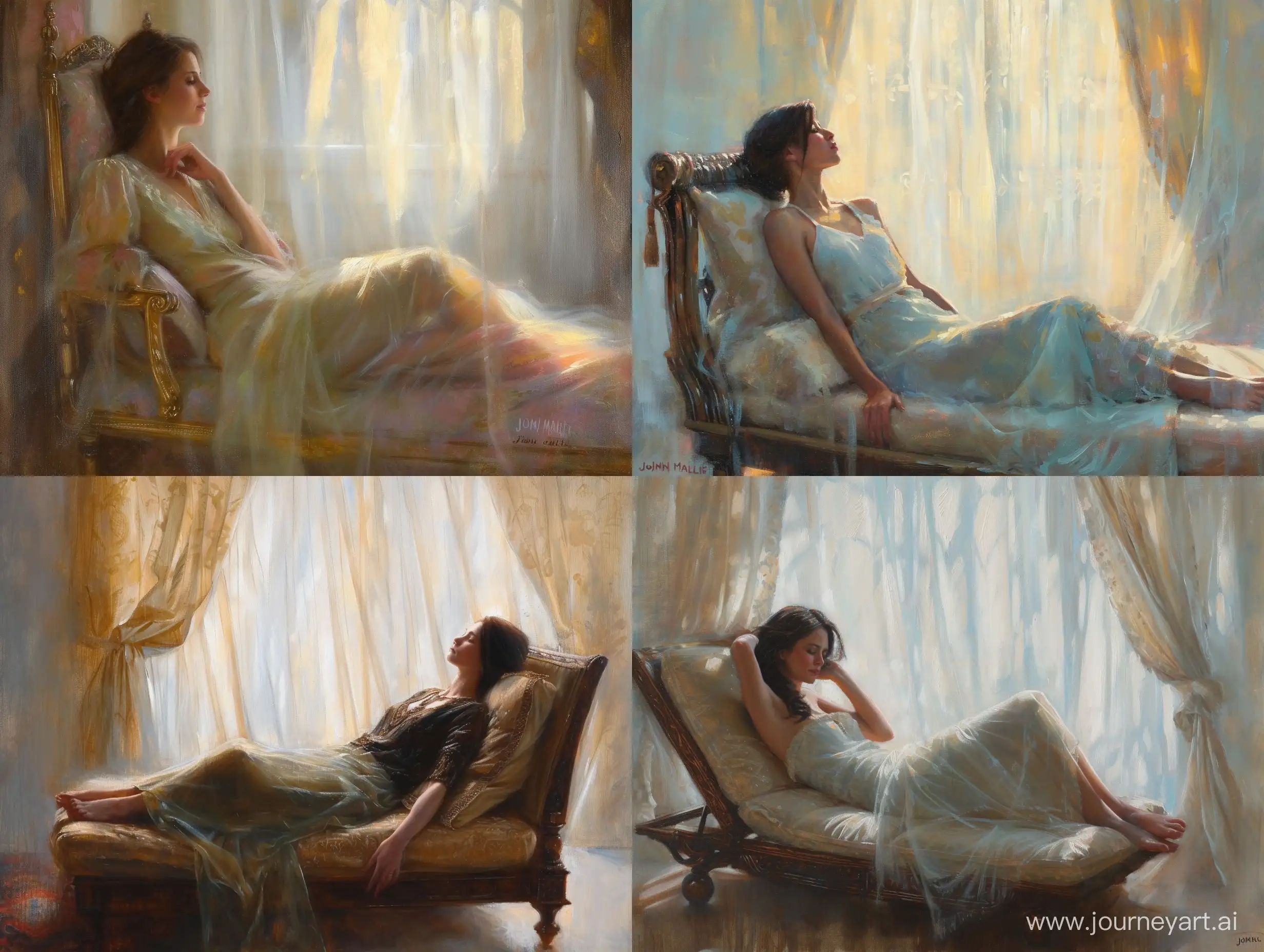 Painting of a woman reclining on a chaise lounge, lost in a daydream, with soft light filtering through sheer curtains, by  JOHN MALER COLLIER