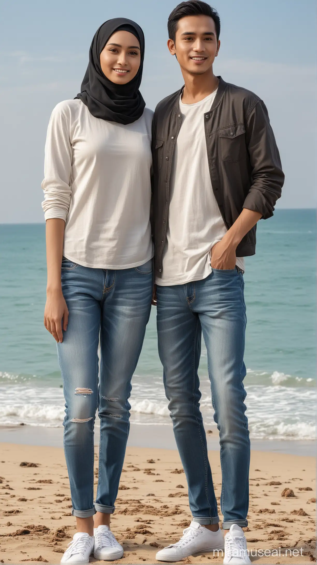 sepasang pria dan wanita indonesia. pria memakai kaos polos dan jaket,celana jeans.wanita memakai baju kasual dan berhijab celana jeans, background pemandangan pantai, full body, realistis image