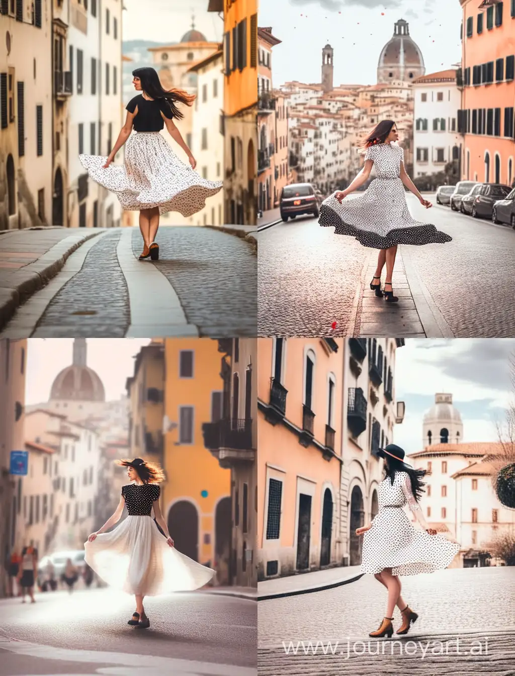 young italian 25yo woman wearing a white and black dress with orange little dots, full body, dress inspired by an insect, fashion design, realistic, florence streets blurred in the background