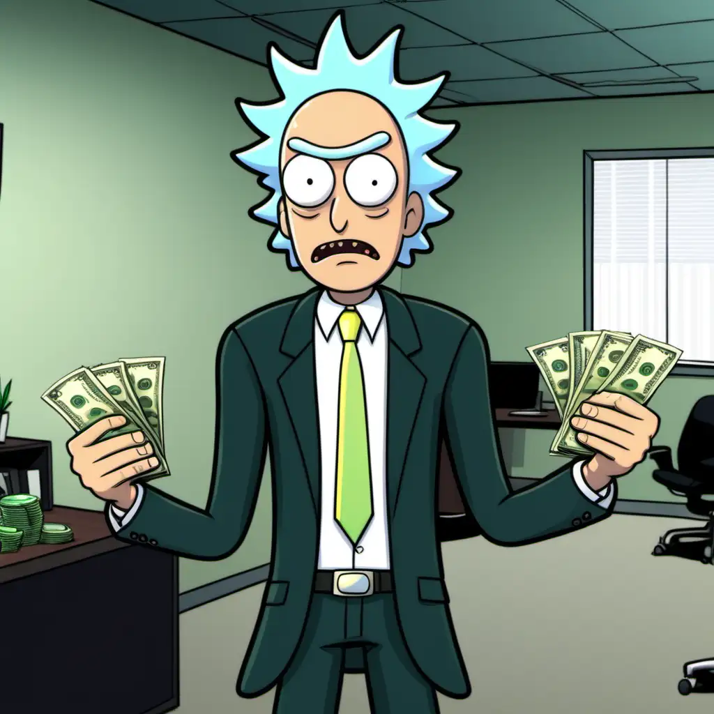 cartoon character from Rick and Morty in the office in suit with money in hands