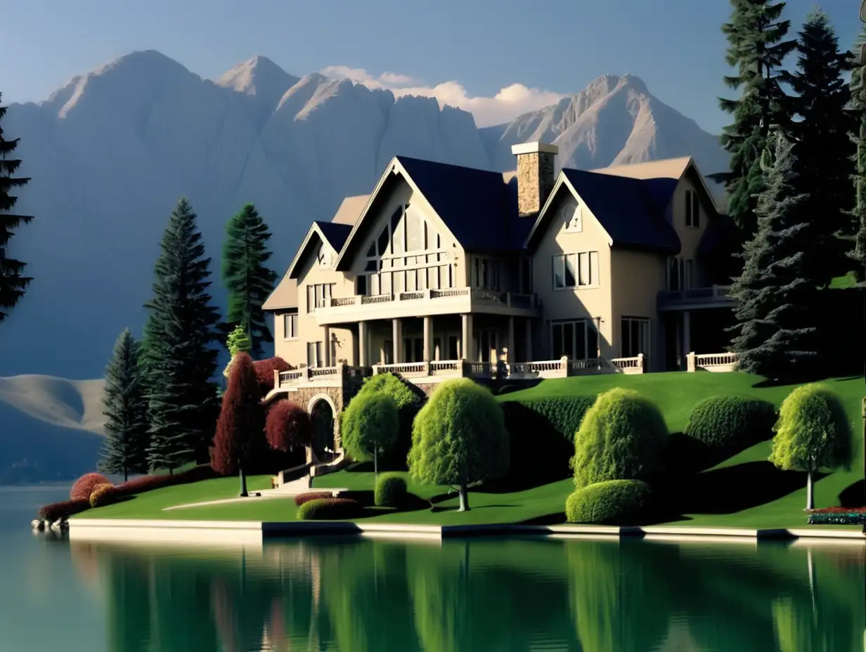 large house, mountains, trees, lake