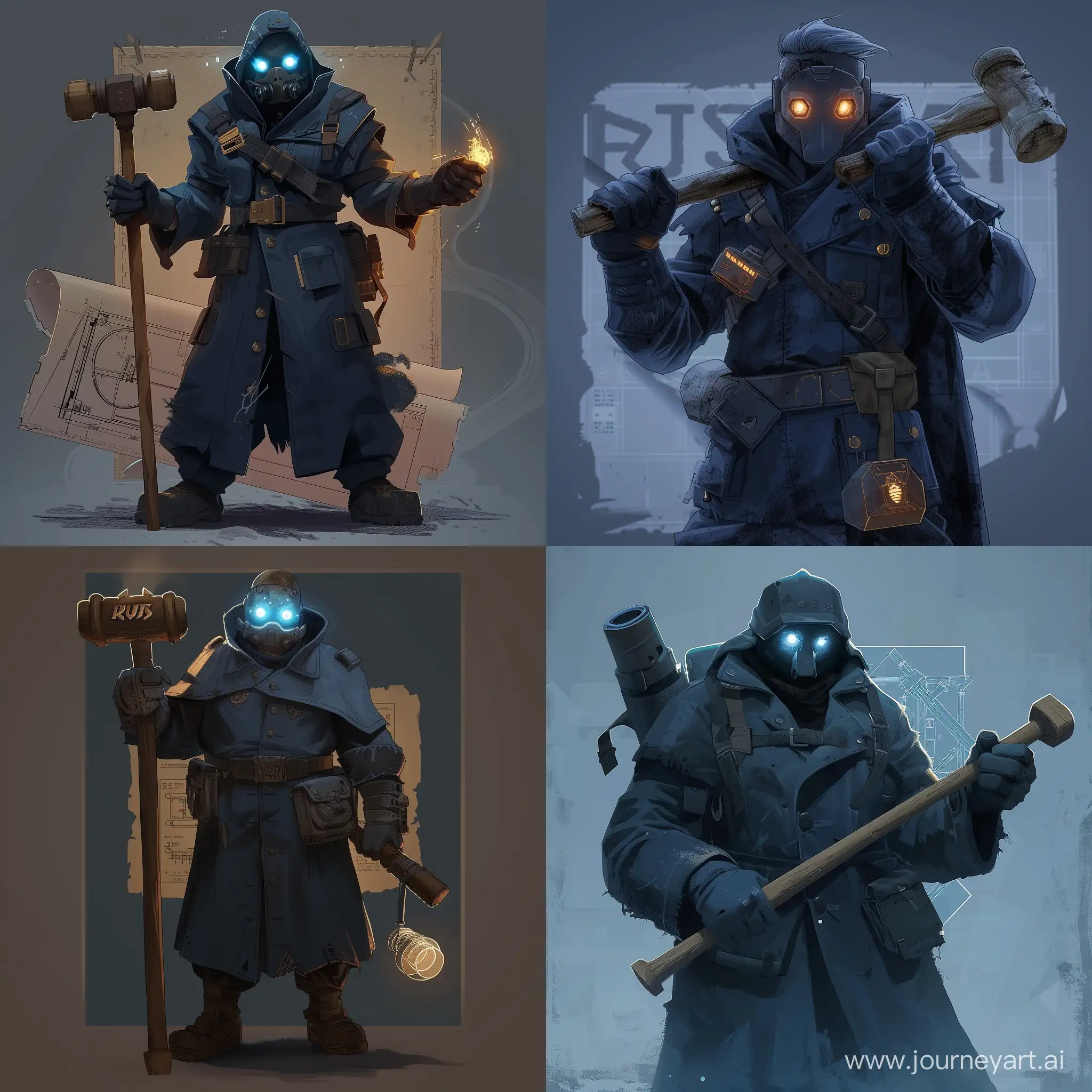  character from game "RUST" dressed in a dark-blue uniform and holding wooden mallet in hands, has glowing eyes, and a long jacket, there is a blueprint on him behind.