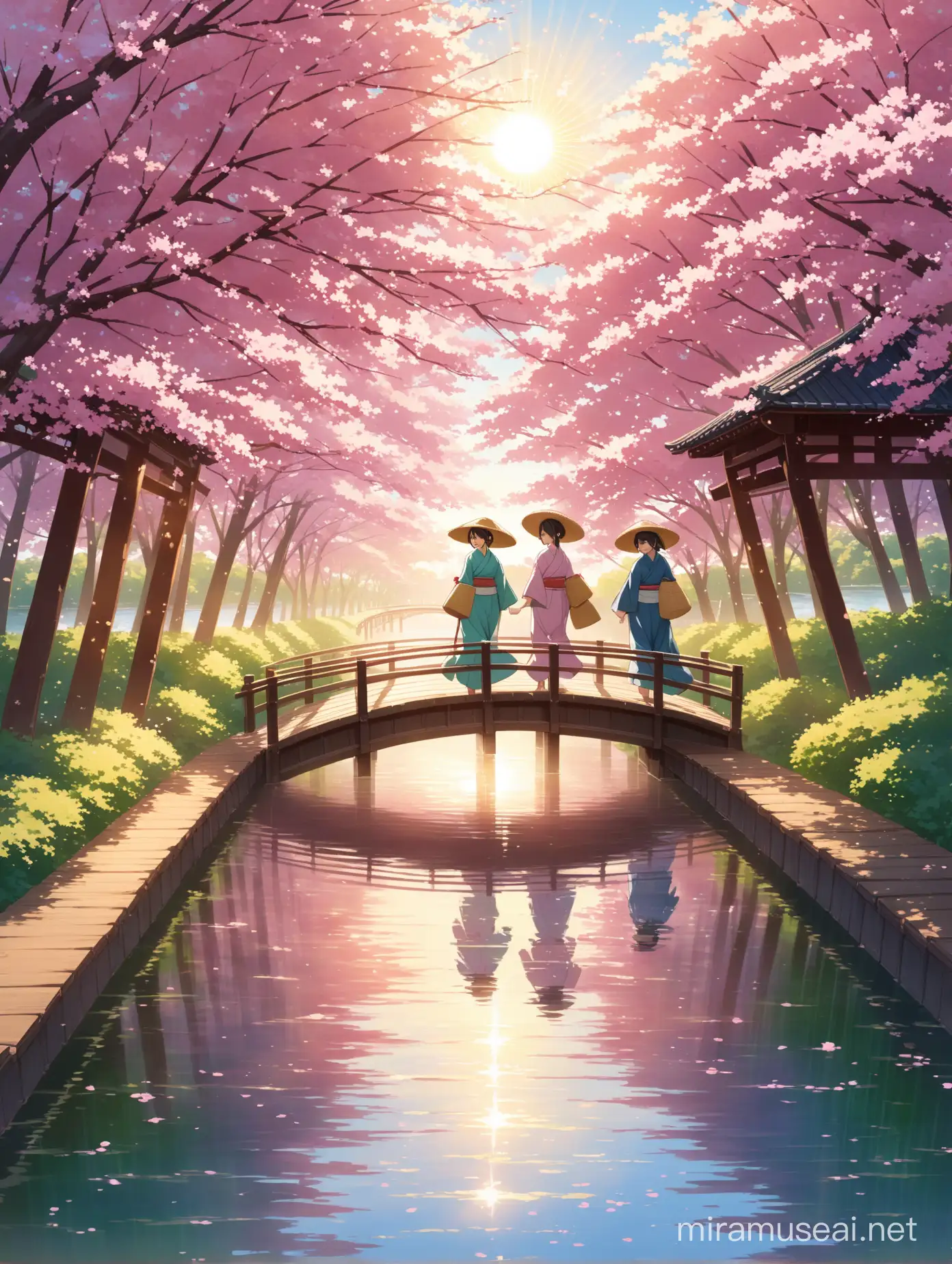 Two Women from the Muromachi period wearing a straw hat and wooden sabots, walk across a bridge in a park with sakura trees around them, water passing below and the sun's rays reflecting on it