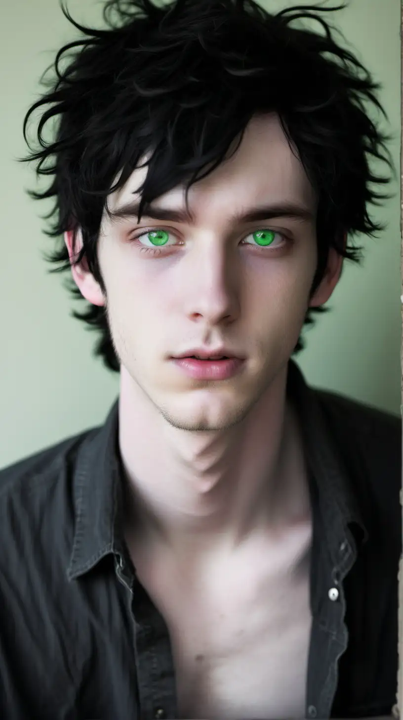 young man with pale skin, green eyes, messy jet black hair, shabby, sweet, shy