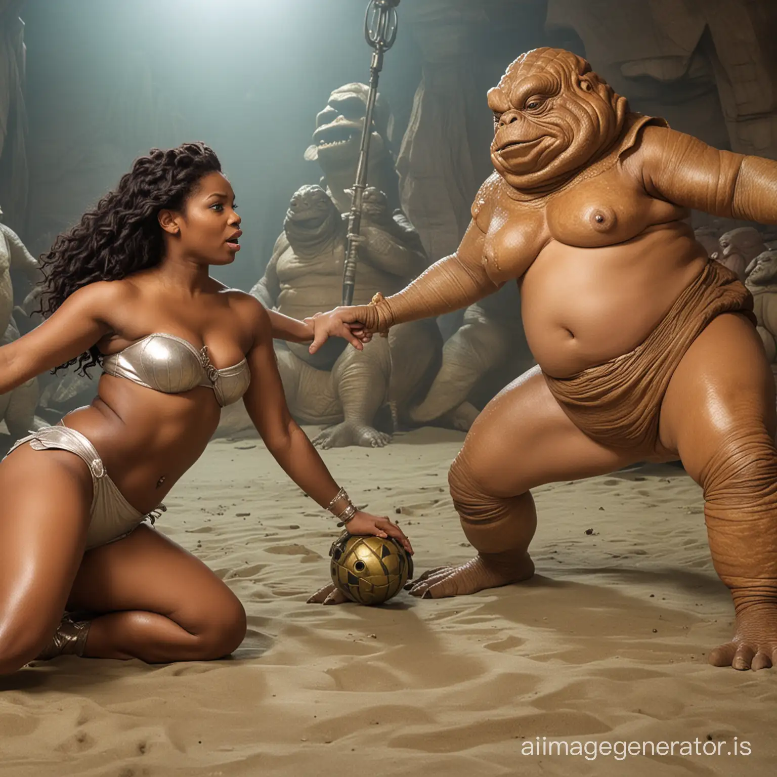 ebony Mermaid Princess wrestle each other in front of their Master Jabba the Hutt
