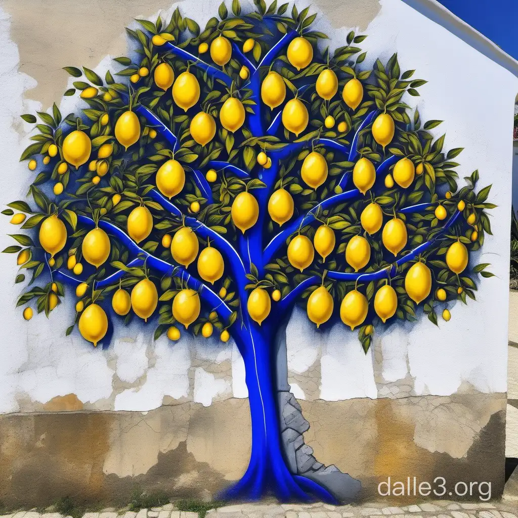 Cobalt blue and white Portuguese street art of a family tree with safron yellow lemons on Azorean stone sea cottage wall