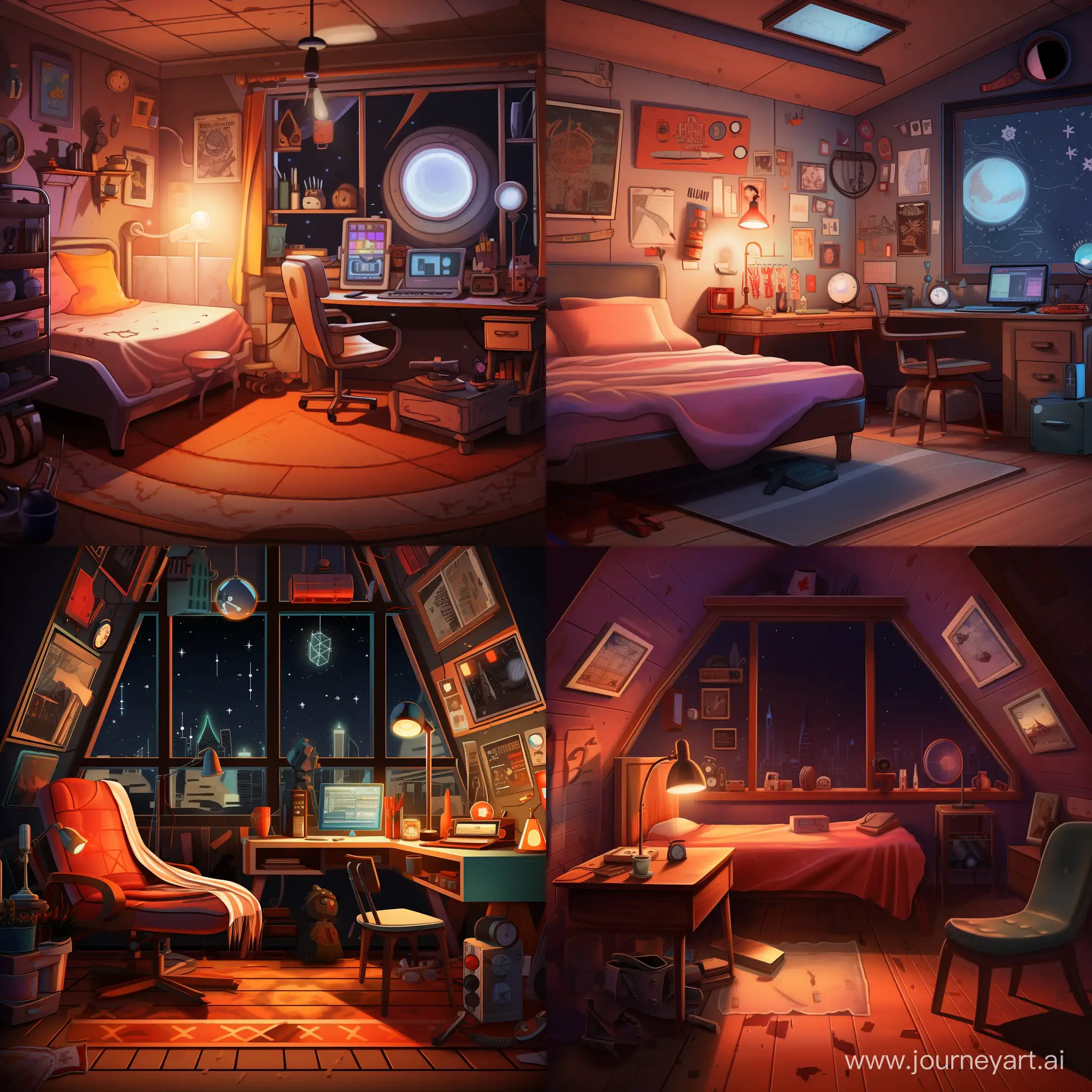 Cozy крохотная dark room in retro futurism style. There is a carefully made bed against the left wall, and a little to the right is a work desk with many mechanisms, diagrams and parts, tools. There is a table lamp on the table, emitting a warm, dim light. She is the only source of light in the room. Офисный стул перед рабочим столом