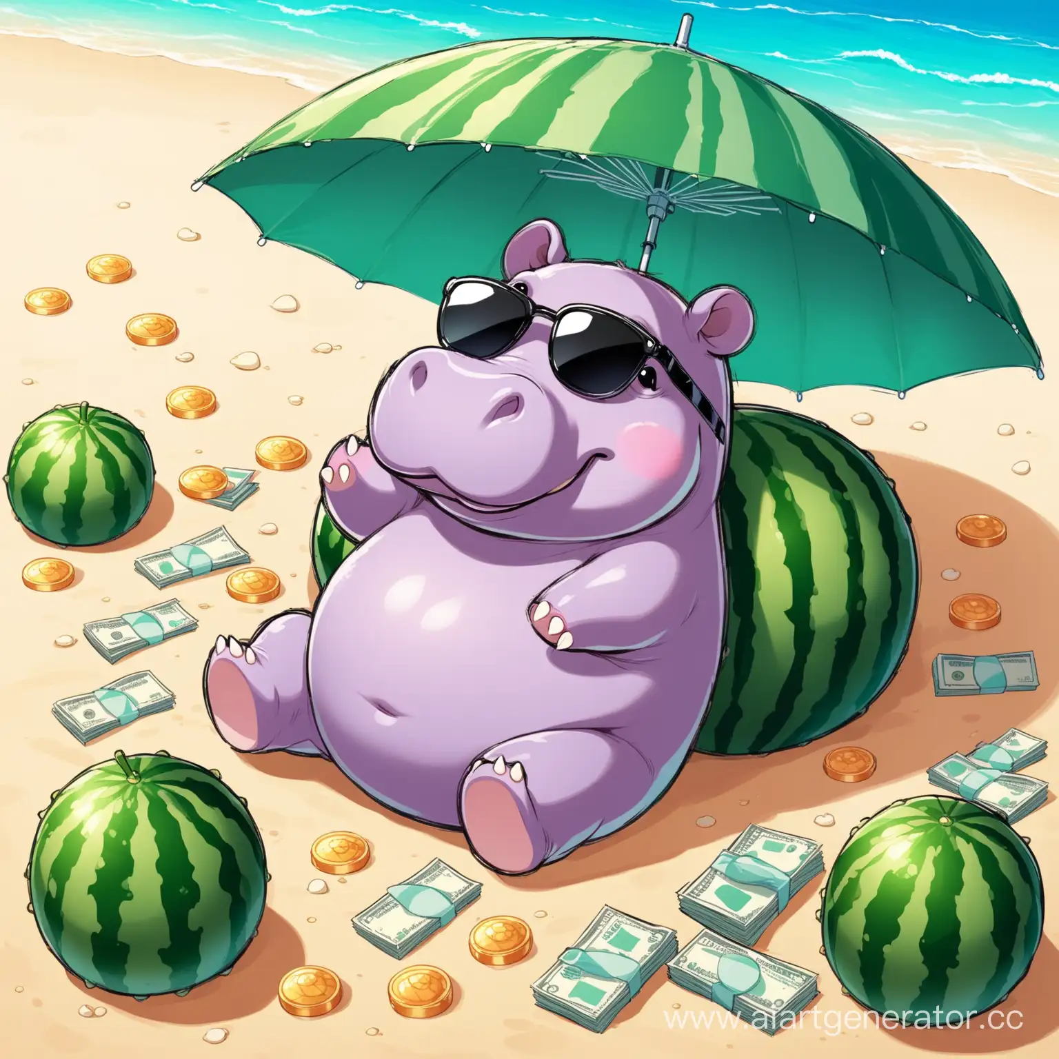 Charming-Hippo-Relaxing-on-Beach-with-Steam-Logo-and-Watermelons